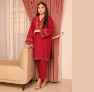Elegant Red Embroidered Khaddar Suit