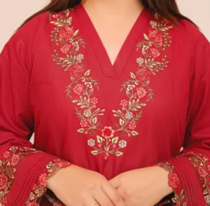Elegant Red Embroidered Khaddar Suit