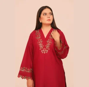 Elegant Red Embroidered Khaddar Suit