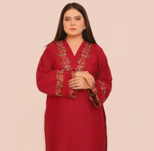 Elegant Red Embroidered Khaddar Suit